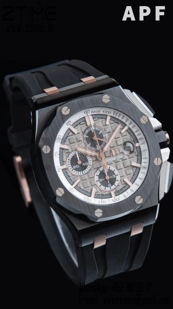 AP Royal Oak Offshore 44mm Μαύρη κεραμική θήκη APF 1:1 Best Edition Γκρι/λευκό καντράν σε μαύρο καουτσούκ λουράκι A3126 - Super Clone Watch | 1:1 Best Version