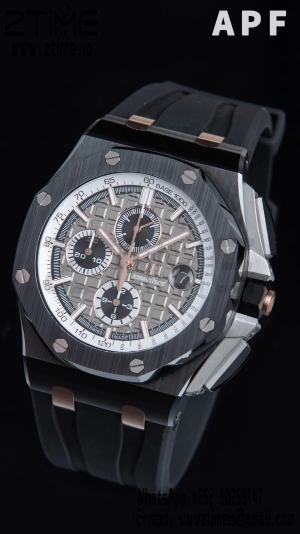 AP Royal Oak Offshore 44mm Μαύρη κεραμική θήκη APF 1:1 Best Edition Γκρι/λευκό καντράν σε μαύρο καουτσούκ λουράκι A3126 - Super Clone Watch | 1:1 Best Version