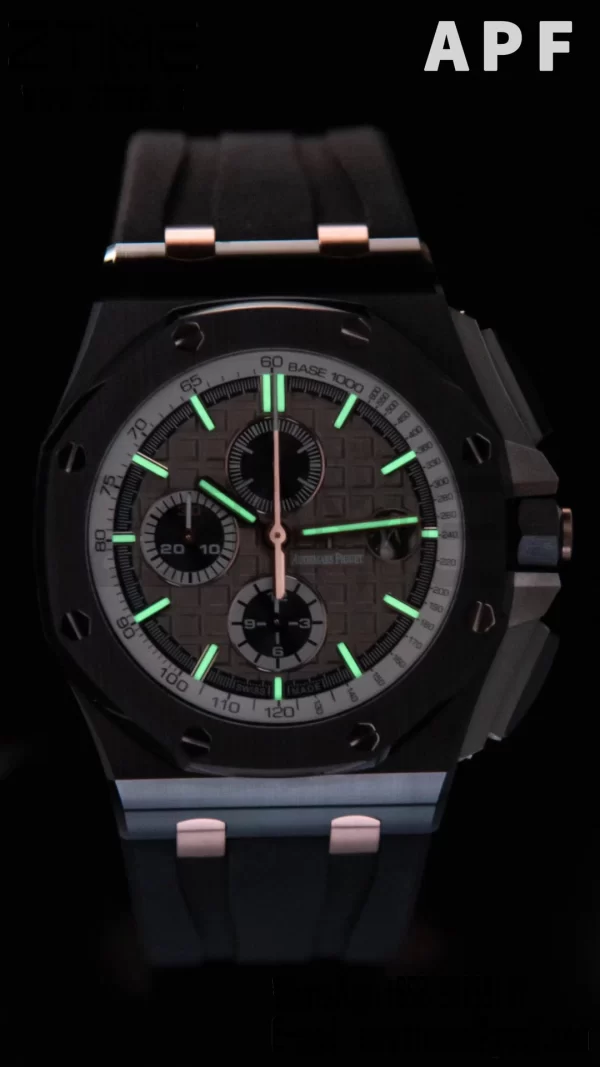 AP Royal Oak Offshore 44mm Μαύρη κεραμική θήκη APF 1:1 Best Edition Γκρι/λευκό καντράν σε μαύρο καουτσούκ λουράκι A3126 - Super Clone Watch | 1:1 Best Version