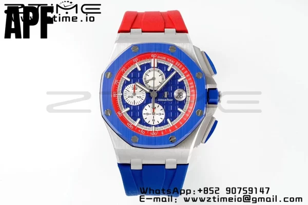 AP Royal Oak Offshore 44mm lunetta in ceramica blu APF 1:1 Best Edition quadrante blu/rosso su cinturino in gomma blu/rosso A3126 - Orologio super clone | 1:1 Best Version