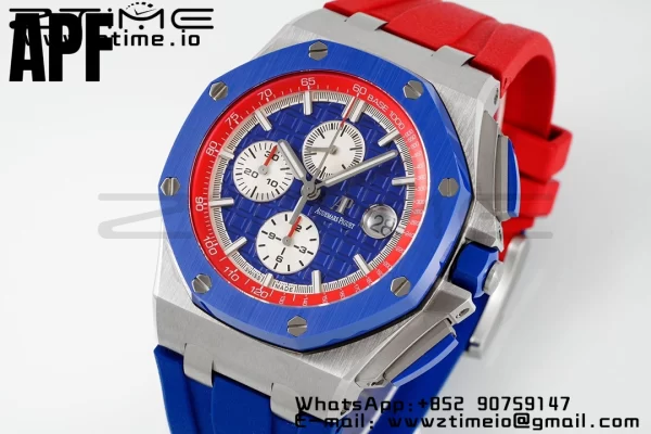 AP Royal Oak Offshore 44mm lunetta in ceramica blu APF 1:1 Best Edition quadrante blu/rosso su cinturino in gomma blu/rosso A3126 - Orologio super clone | 1:1 Best Version