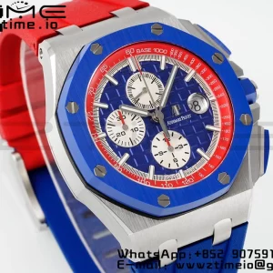 AP Royal Oak Offshore 44mm lunetta in ceramica blu APF 1:1 Best Edition quadrante blu/rosso su cinturino in gomma blu/rosso A3126 - Orologio super clone | 1:1 Best Version