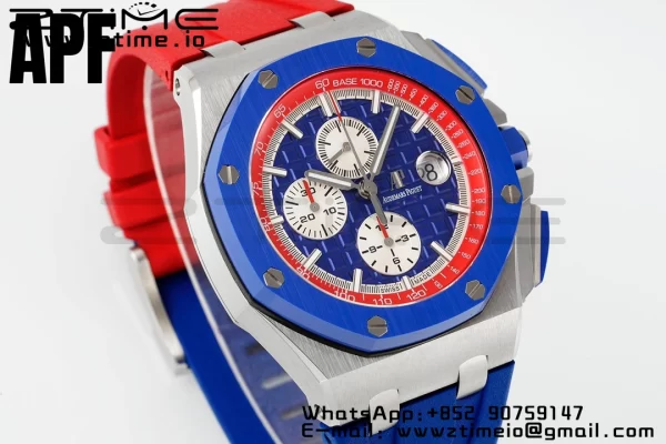 AP Royal Oak Offshore 44mm lunetta in ceramica blu APF 1:1 Best Edition quadrante blu/rosso su cinturino in gomma blu/rosso A3126 - Orologio super clone | 1:1 Best Version