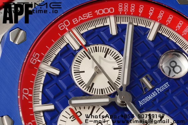 AP Royal Oak Offshore 44mm lunetta in ceramica blu APF 1:1 Best Edition quadrante blu/rosso su cinturino in gomma blu/rosso A3126 - Orologio super clone | 1:1 Best Version