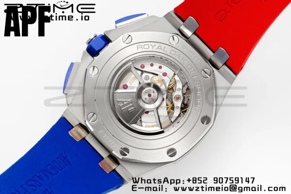 AP Royal Oak Offshore 44mm lunetta in ceramica blu APF 1:1 Best Edition quadrante blu/rosso su cinturino in gomma blu/rosso A3126 - Orologio super clone | 1:1 Best Version