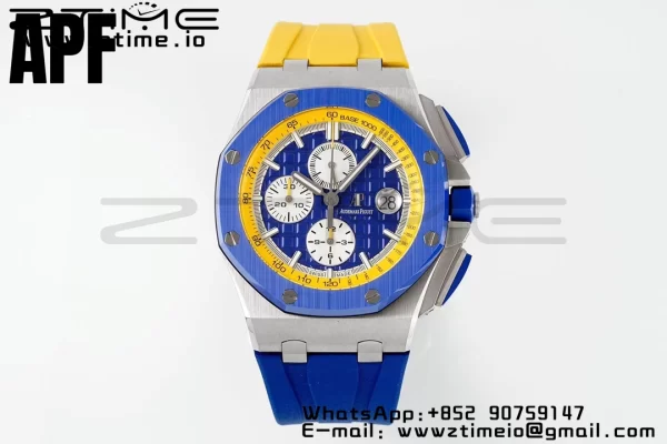 AP Royal Oak Offshore 44mm Blue Ceramic Bezel APF 1:1 Best Edition Blue/Yellow Dial pe curea de cauciuc albastru/galben A3126 - Super Clone Watch | 1:1 Best Version