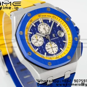 AP Royal Oak Offshore 44mm Blue Ceramic Bezel APF 1:1 Best Edition Blue/Yellow Dial pe curea de cauciuc albastru/galben A3126 - Super Clone Watch | 1:1 Best Version