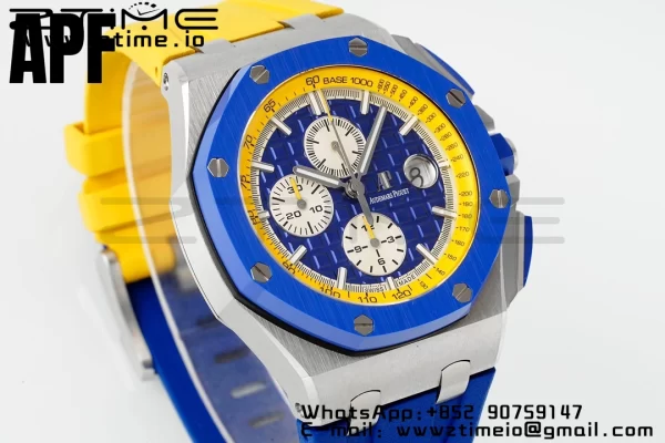 AP Royal Oak Offshore 44mm Blue Ceramic Bezel APF 1:1 Best Edition Blue/Yellow Dial pe curea de cauciuc albastru/galben A3126 - Super Clone Watch | 1:1 Best Version