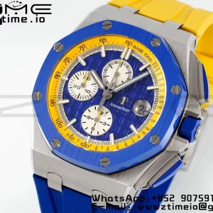 AP Royal Oak Offshore 44mm Blue Ceramic Bezel APF 1:1 Best Edition Blue/Yellow Dial pe curea de cauciuc albastru/galben A3126 - Super Clone Watch | 1:1 Best Version