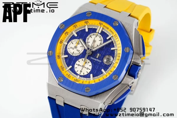 AP Royal Oak Offshore 44mm Blue Ceramic Bezel APF 1:1 Best Edition Blue/Yellow Dial pe curea de cauciuc albastru/galben A3126 - Super Clone Watch | 1:1 Best Version