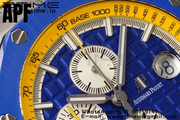 AP Royal Oak Offshore 44mm Blue Ceramic Bezel APF 1:1 Best Edition Blue/Yellow Dial pe curea de cauciuc albastru/galben A3126 - Super Clone Watch | 1:1 Best Version