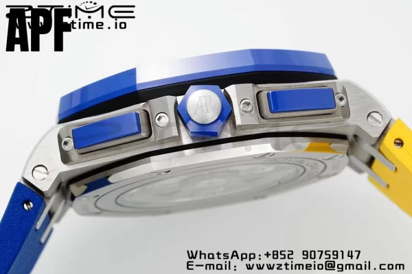 AP Royal Oak Offshore 44mm Blue Ceramic Bezel APF 1:1 Best Edition Blue/Yellow Dial pe curea de cauciuc albastru/galben A3126 - Super Clone Watch | 1:1 Best Version