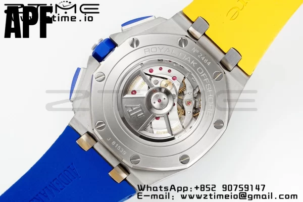 AP Royal Oak Offshore 44mm Blue Ceramic Bezel APF 1:1 Best Edition Blue/Yellow Dial pe curea de cauciuc albastru/galben A3126 - Super Clone Watch | 1:1 Best Version