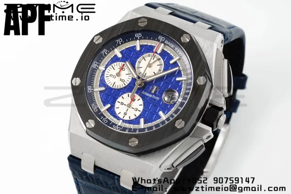 AP Royal Oak Offshore 44mm Black Ceramic Bezel APF 1:1 Best Edition Blue Dial on Blue Leather Strap A3126 - Super Clone Watch | 1:1 Best Version