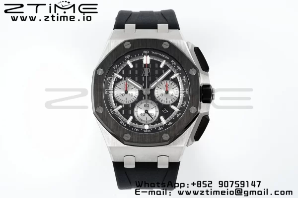 AP Royal Oak Offshore 43mm SS Black Ceramic Bezel APF 1:1 Best Edition Cadran negru / argintiu pe curea de cauciuc negru A4401 - Super Clone Watch | 1:1 Best Version