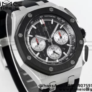 AP Royal Oak Offshore 43mm SS Black Ceramic Bezel APF 1:1 Best Edition Cadran negru / argintiu pe curea de cauciuc negru A4401 - Super Clone Watch | 1:1 Best Version