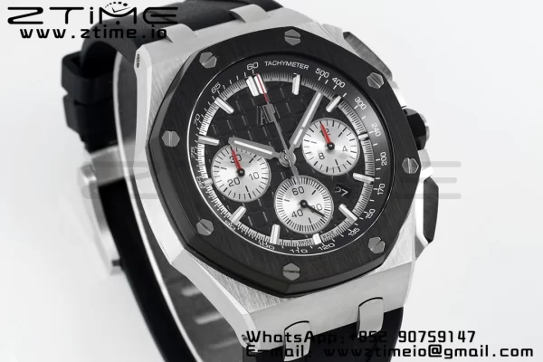 AP Royal Oak Offshore 43mm SS Black Ceramic Bezel APF 1:1 Best Edition Cadran negru / argintiu pe curea de cauciuc negru A4401 - Super Clone Watch | 1:1 Best Version