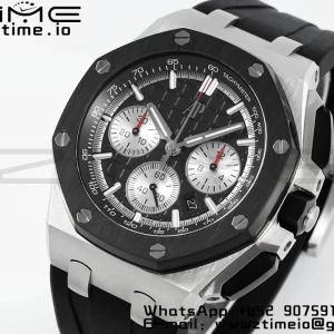 AP Royal Oak Offshore 43mm SS Black Ceramic Bezel APF 1:1 Best Edition Cadran negru / argintiu pe curea de cauciuc negru A4401 - Super Clone Watch | 1:1 Best Version