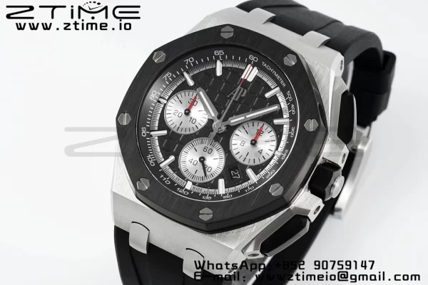 AP Royal Oak Offshore 43mm SS Black Ceramic Bezel APF 1:1 Best Edition Cadran negru / argintiu pe curea de cauciuc negru A4401 - Super Clone Watch | 1:1 Best Version
