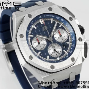 AP Royal Oak Offshore 43mm SS Bezel APF 1:1 Best Edition Blue/Silver Dial on Blue Rubber Strap A4401 - Super Clone Watch | 1:1 Best Version