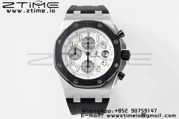AP Royal Oak Offshore 42mm SS APF 1:1 Best Edition White Dial White Numeral Markers Ceramic Bezel on Black Rubber Strap A3126 - Super Clone Watch | 1:1 Best Version