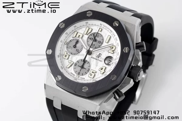 AP Royal Oak Offshore 42mm SS APF 1:1 Best Edition White Dial White Numeral Markers Ceramic Bezel on Black Rubber Strap A3126 - Super Clone Watch | 1:1 Best Version