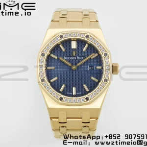 AP Lady Royal Oak 67651 33mm YG ZF 1:1 Best Edition Blue Dial Diamonds Bezel on YG Bracelet ETA Quartz - Super Clone Watch | 1:1 Best Version