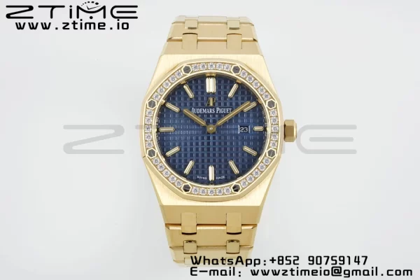 AP Lady Royal Oak 67651 33mm YG ZF 1:1 Best Edition Blue Dial Diamonds Bezel on YG Bracelet ETA Quartz - Super Clone Watch | 1:1 Best Version