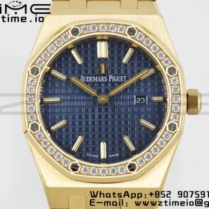 AP Lady Royal Oak 67651 33mm YG ZF 1:1 Best Edition Blue Dial Diamonds Bezel on YG Bracelet ETA Quartz - Super Clone Watch | 1:1 Best Version