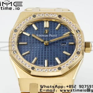 AP Lady Royal Oak 67651 33mm YG ZF 1:1 Best Edition Blue Dial Diamonds Bezel on YG Bracelet ETA Quartz - Super Clone Watch | 1:1 Best Version