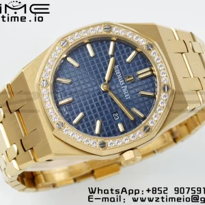AP Lady Royal Oak 67651 33mm YG ZF 1:1 Best Edition Blue Dial Diamonds Bezel on YG Bracelet ETA Quartz - Super Clone Watch | 1:1 Best Version
