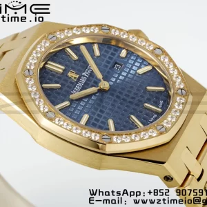 AP Lady Royal Oak 67651 33mm YG ZF 1:1 Best Edition Blue Dial Diamonds Bezel on YG Bracelet ETA Quartz - Super Clone Watch | 1:1 Best Version