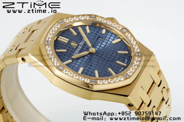 AP Lady Royal Oak 67651 33mm YG ZF 1:1 Best Edition Blue Dial Diamonds Bezel on YG Bracelet ETA Quartz - Super Clone Watch | 1:1 Best Version