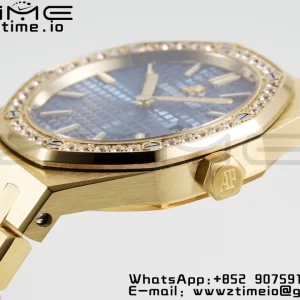 AP Lady Royal Oak 67651 33mm YG ZF 1:1 Best Edition Blue Dial Diamonds Bezel on YG Bracelet ETA Quartz - Super Clone Watch | 1:1 Best Version