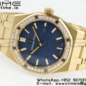 AP Lady Royal Oak 67651 33mm YG ZF 1:1 Best Edition Blue Dial Diamonds Bezel on YG Bracelet ETA Quartz - Super Clone Watch | 1:1 Best Version