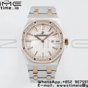 AP Lady Royal Oak 67651 33mm SS/RG ZF 1:1 Best Edition White Dial Diamonds Bezel on SS/RG Bracelet ETA Quartz - Super Clone Watch | 1:1 Best Version