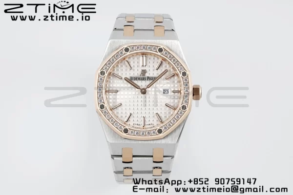 AP Lady Royal Oak 67651 33mm SS/RG ZF 1:1 Best Edition White Dial Diamonds Bezel on SS/RG Bracelet ETA Quartz - Super Clone Watch | 1:1 Best Version