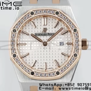 AP Lady Royal Oak 67651 33mm SS/RG ZF 1:1 Best Edition White Dial Diamonds Bezel on SS/RG Bracelet ETA Quartz - Super Clone Watch | 1:1 Best Version