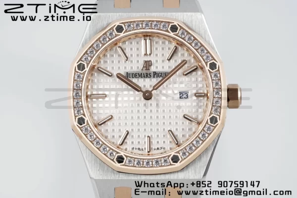 AP Lady Royal Oak 67651 33mm SS/RG ZF 1:1 Best Edition White Dial Diamonds Bezel on SS/RG Bracelet ETA Quartz - Super Clone Watch | 1:1 Best Version