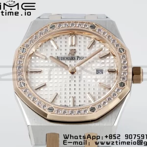 AP Lady Royal Oak 67651 33mm SS/RG ZF 1:1 Best Edition White Dial Diamonds Bezel on SS/RG Bracelet ETA Quartz - Super Clone Watch | 1:1 Best Version