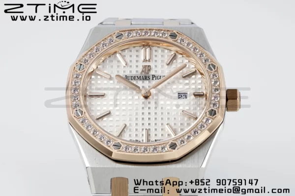 AP Lady Royal Oak 67651 33mm SS/RG ZF 1:1 Best Edition White Dial Diamonds Bezel on SS/RG Bracelet ETA Quartz - Super Clone Watch | 1:1 Best Version