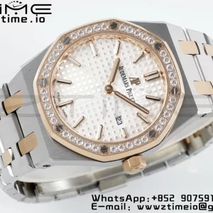 AP Lady Royal Oak 67651 33mm SS/RG ZF 1:1 Best Edition White Dial Diamonds Bezel on SS/RG Bracelet ETA Quartz - Super Clone Watch | 1:1 Best Version