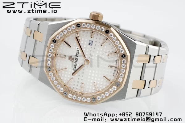 AP Lady Royal Oak 67651 33mm SS/RG ZF 1:1 Best Edition White Dial Diamonds Bezel on SS/RG Bracelet ETA Quartz - Super Clone Watch | 1:1 Best Version