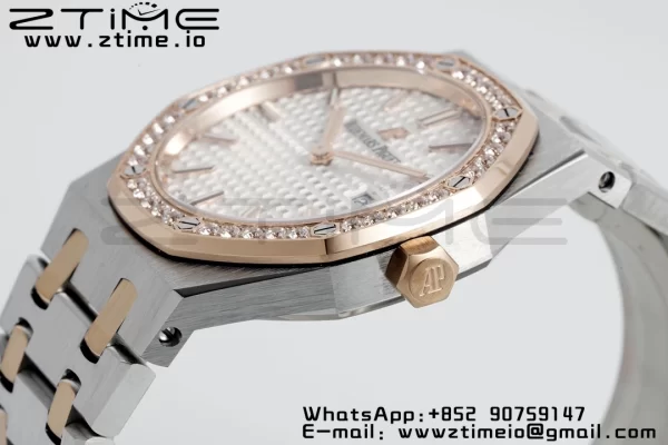 AP Lady Royal Oak 67651 33mm SS/RG ZF 1:1 Best Edition White Dial Diamonds Bezel on SS/RG Bracelet ETA Quartz - Super Clone Watch | 1:1 Best Version
