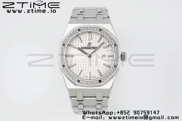 AP Lady Royal Oak 67651 33mm SS ZF 1:1 Best Edition White Dial Diamonds Bezel on SS Bracelet ETA Quartz - Super Clone Watch | 1:1 Best Version