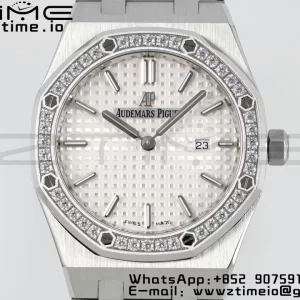 AP Lady Royal Oak 67651 33mm SS ZF 1:1 Best Edition White Dial Diamonds Bezel on SS Bracelet ETA Quartz - Super Clone Watch | 1:1 Best Version