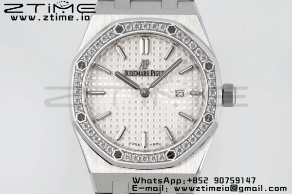 AP Lady Royal Oak 67651 33mm SS ZF 1:1 Best Edition White Dial Diamonds Bezel on SS Bracelet ETA Quartz - Super Clone Watch | 1:1 Best Version