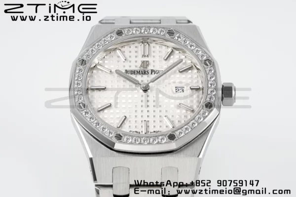 AP Lady Royal Oak 67651 33mm SS ZF 1:1 Best Edition White Dial Diamonds Bezel on SS Bracelet ETA Quartz - Super Clone Watch | 1:1 Best Version
