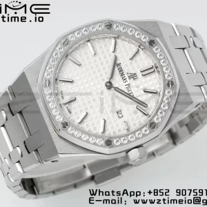 AP Lady Royal Oak 67651 33mm SS ZF 1:1 Best Edition White Dial Diamonds Bezel on SS Bracelet ETA Quartz - Super Clone Watch | 1:1 Best Version