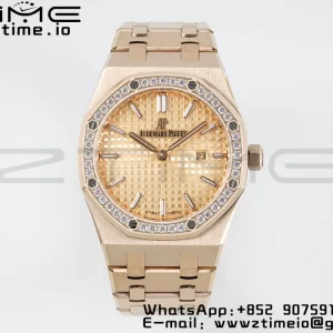 AP Lady Royal Oak 67651 33mm RG ZF 1:1 Best Edition RG Dial Diamonds Bezel on RG Bracelet ETA Quartz - Super Clone Watch | 1:1 Best Version